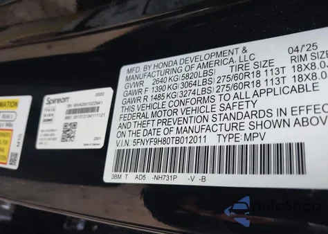 2026 Honda Passport Awd Trailsport Elite/Awd Trailsport Elite Blackout from USA, damaged, VIN 5FNYF9H80TB012011